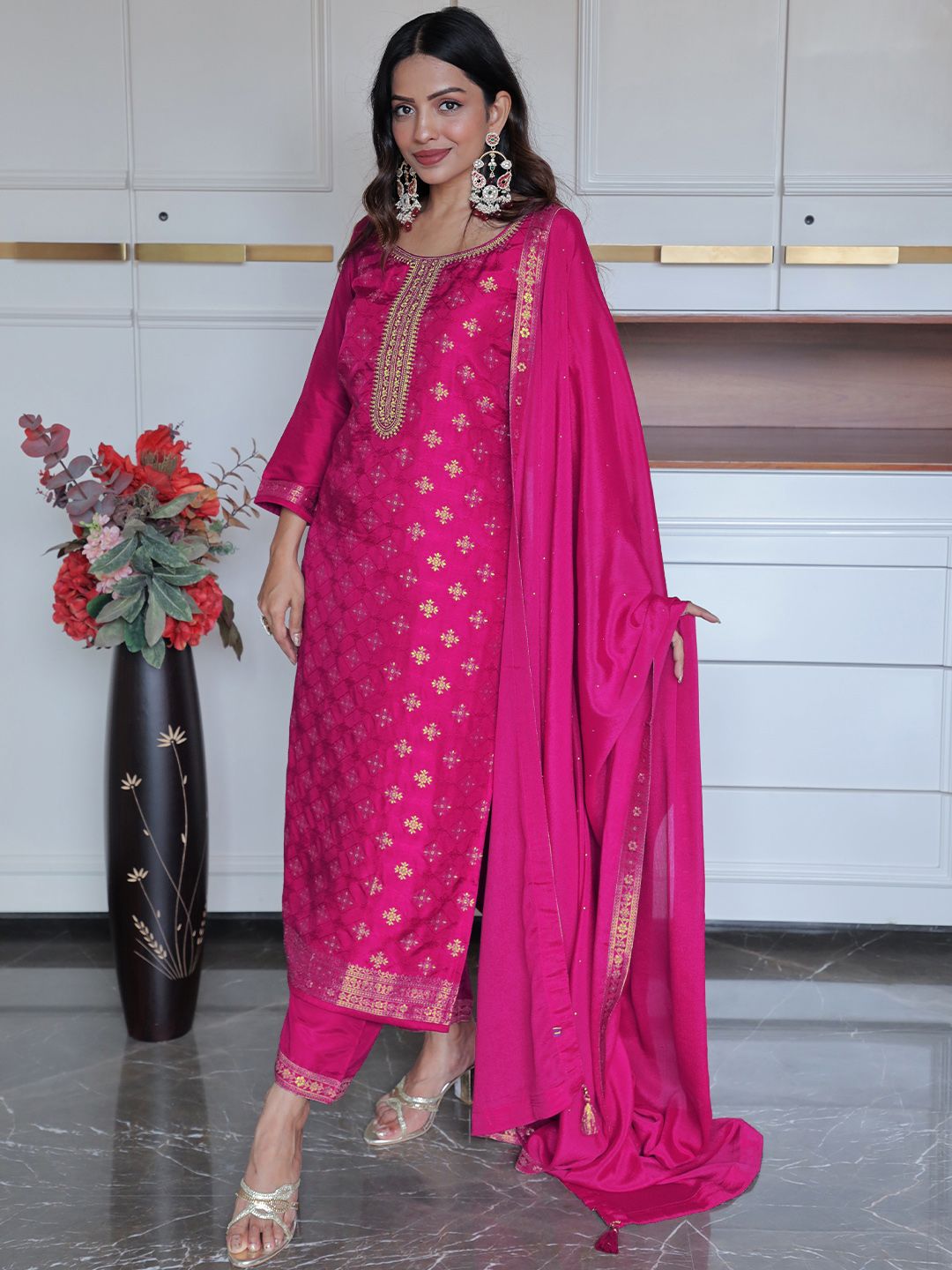 Libas Ethnic Motifs Embroidered Sequinned Straight Kurta With Trousers & Dupatta