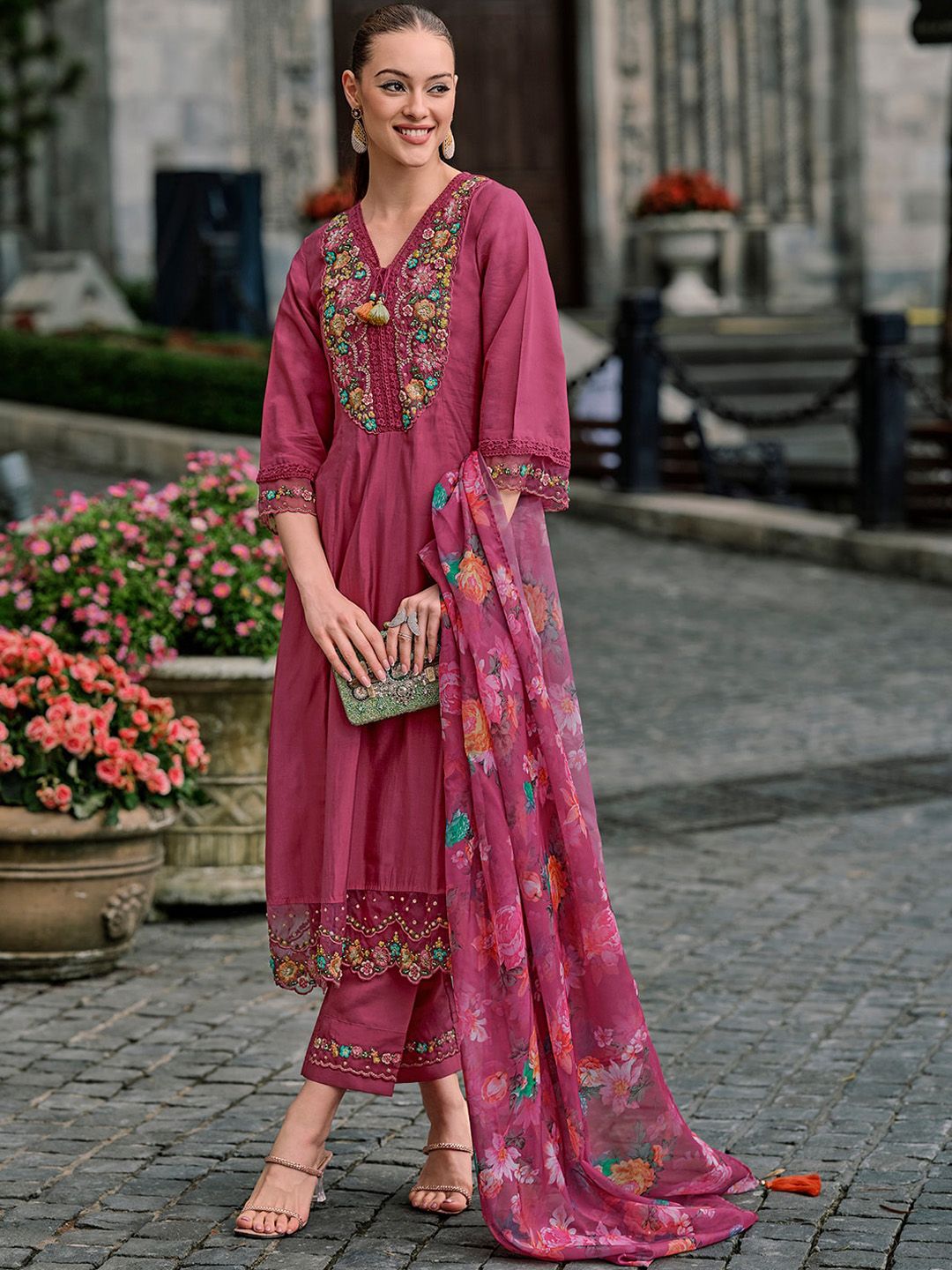 Indo Era Floral Yoke Design Thread Work A-Line Kurta With Trousers & Dupatta