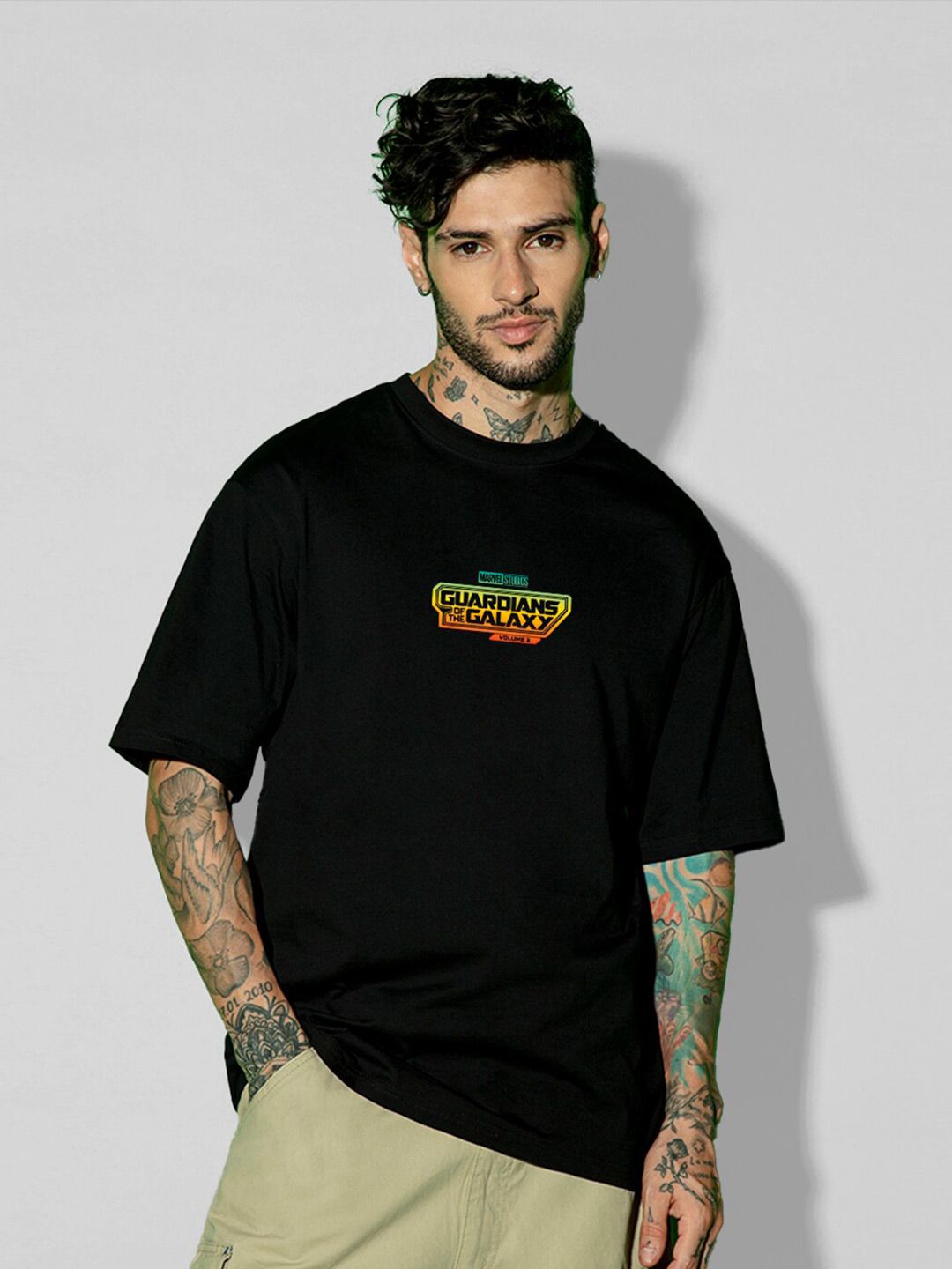 Bewakoof x OFFICIAL MARVEL MERCHANDISE Men Galaxy Ship Graphic Pure Cotton Printed Oversized T-shirt