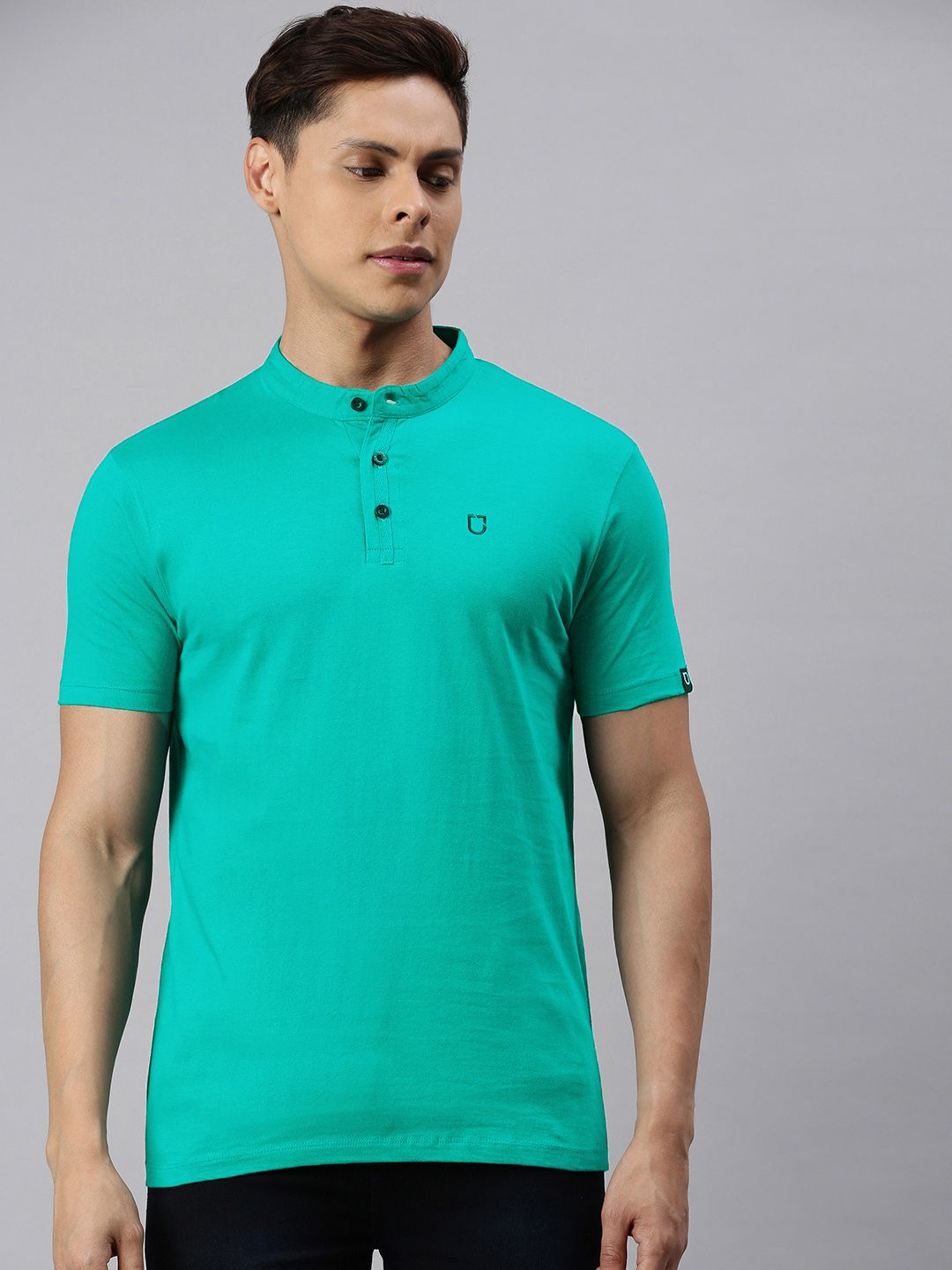Lelaki Fesyen Urbano Teal Green Slim Fit Mandarin Mandarin Collar T-Shirt Kapas Tulen