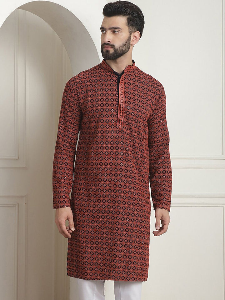 SOJANYA Kolar Mandarin Sulam Geometrik Lengan Panjang Kurta Lurus