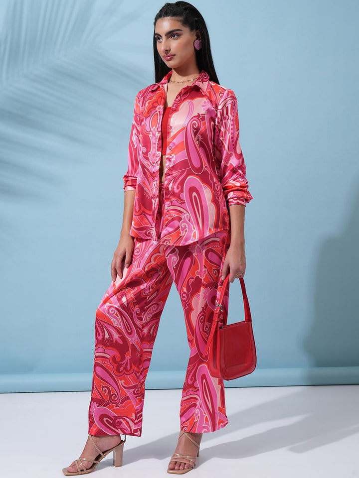Tokyo Talkies Pink Abstract Printed Shirt With Trousers Co-Ords
