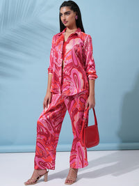 Tokyo Talkies Pink Abstract Printed Shirt With Trousers Co-Ords