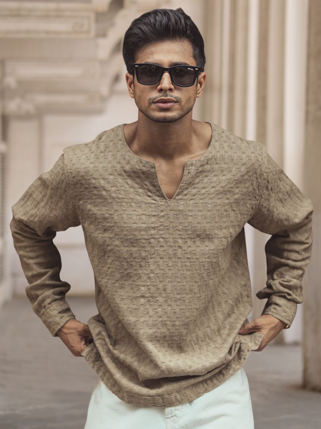 Powerlook Men Collarless Popcorn Texture Pure Cotton Casual Shirt