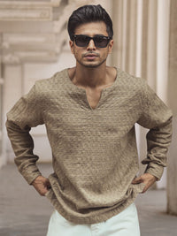 Powerlook Men Collarless Popcorn Texture Pure Cotton Casual Shirt