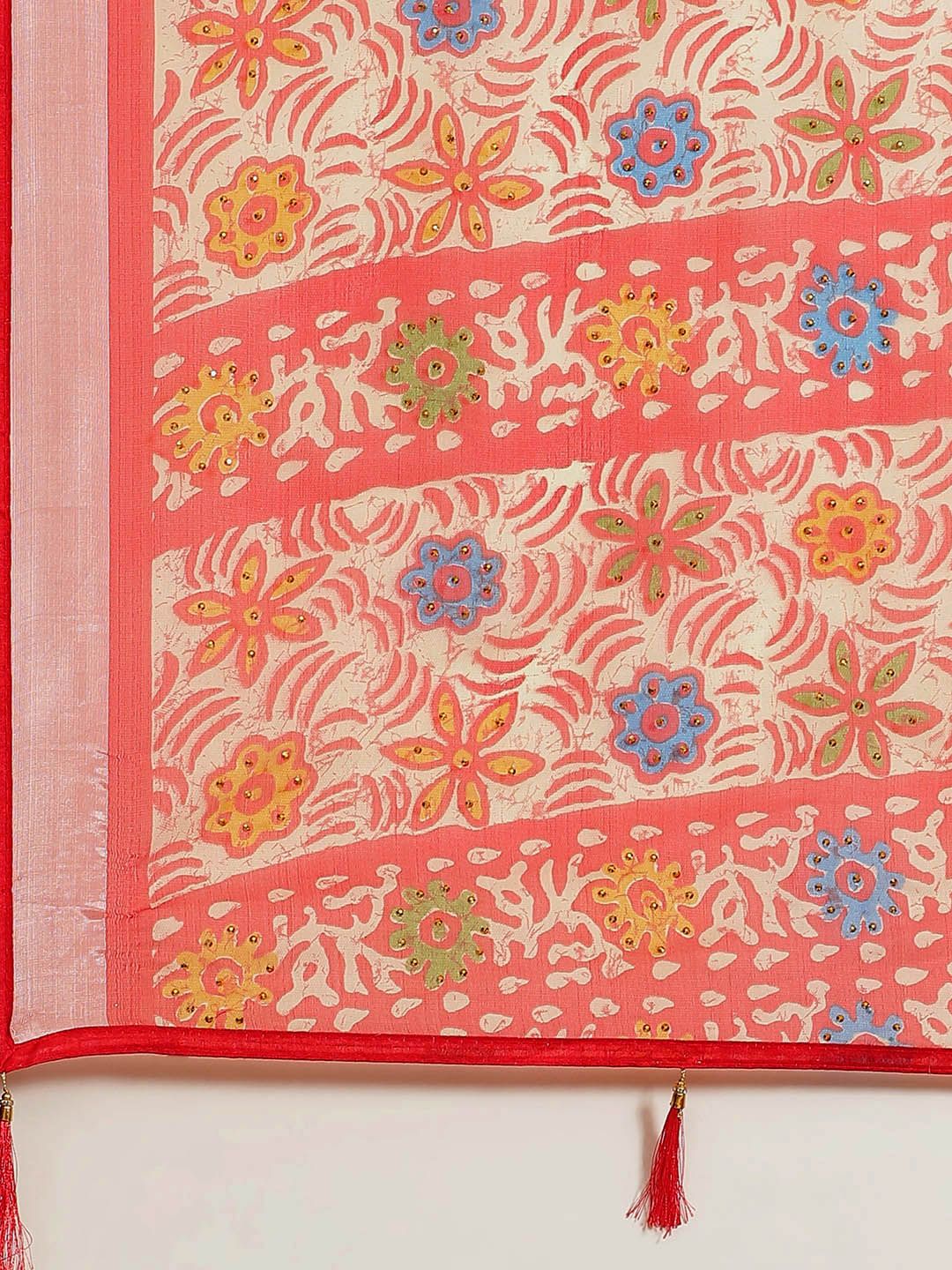 Saree mall Coral Red & Off-White Block Print Saree
