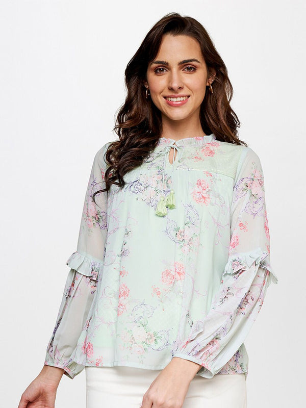 AND Puff Sleeve Floral Printed Dobby Weave Top