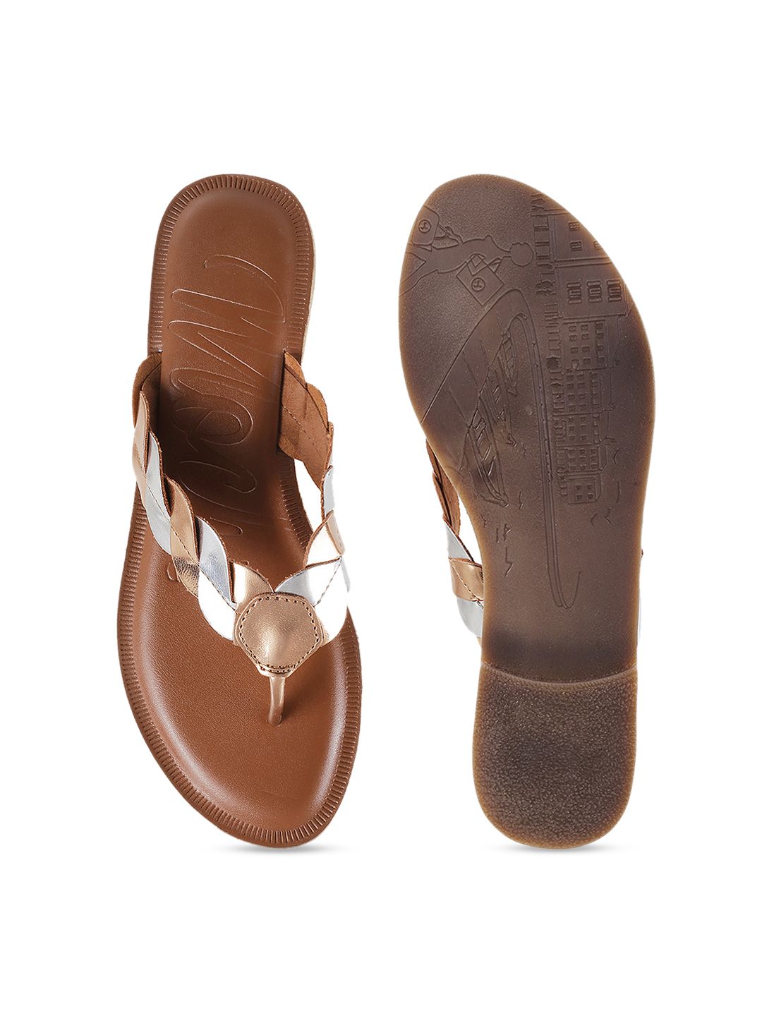 Mochi Women Gold-Toned & Silver-Toned Colourblocked T-Strap Flats