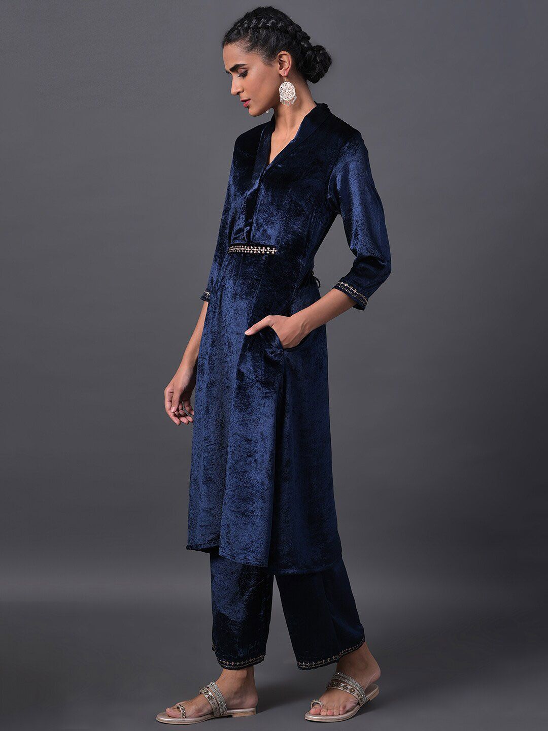 W Women Velvet Kurta with Embroidered Belt and Palazzos