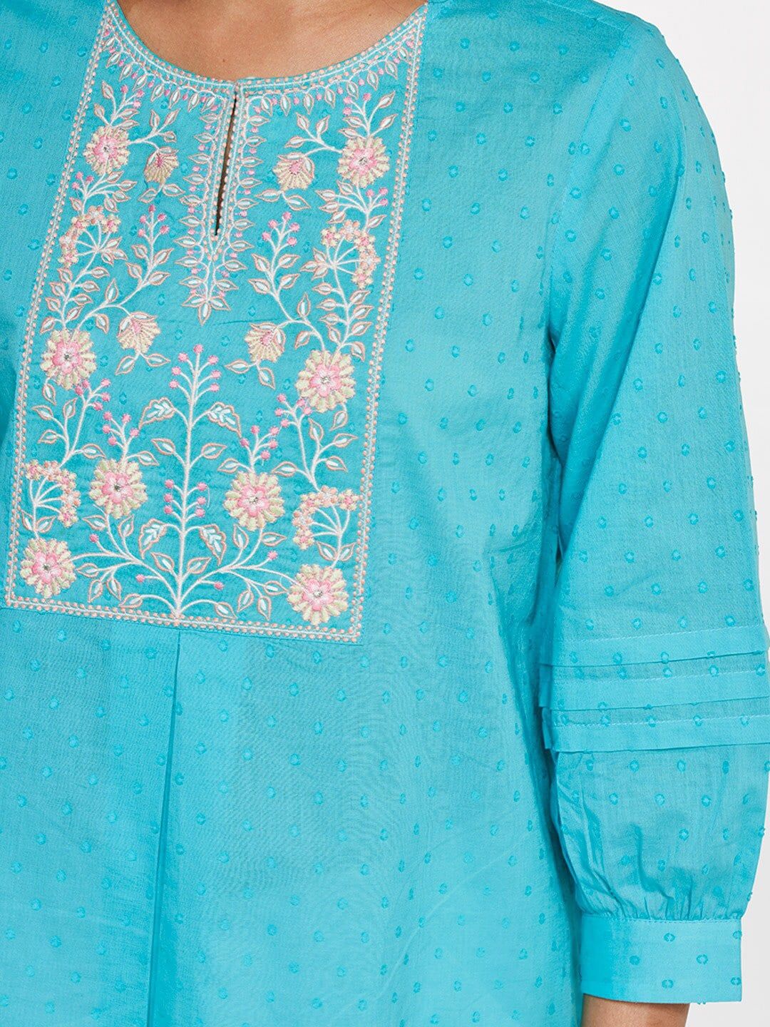 Global Desi Puff Sleeves Floral Embroidered Key-Hole Neck Pure Cotton Top