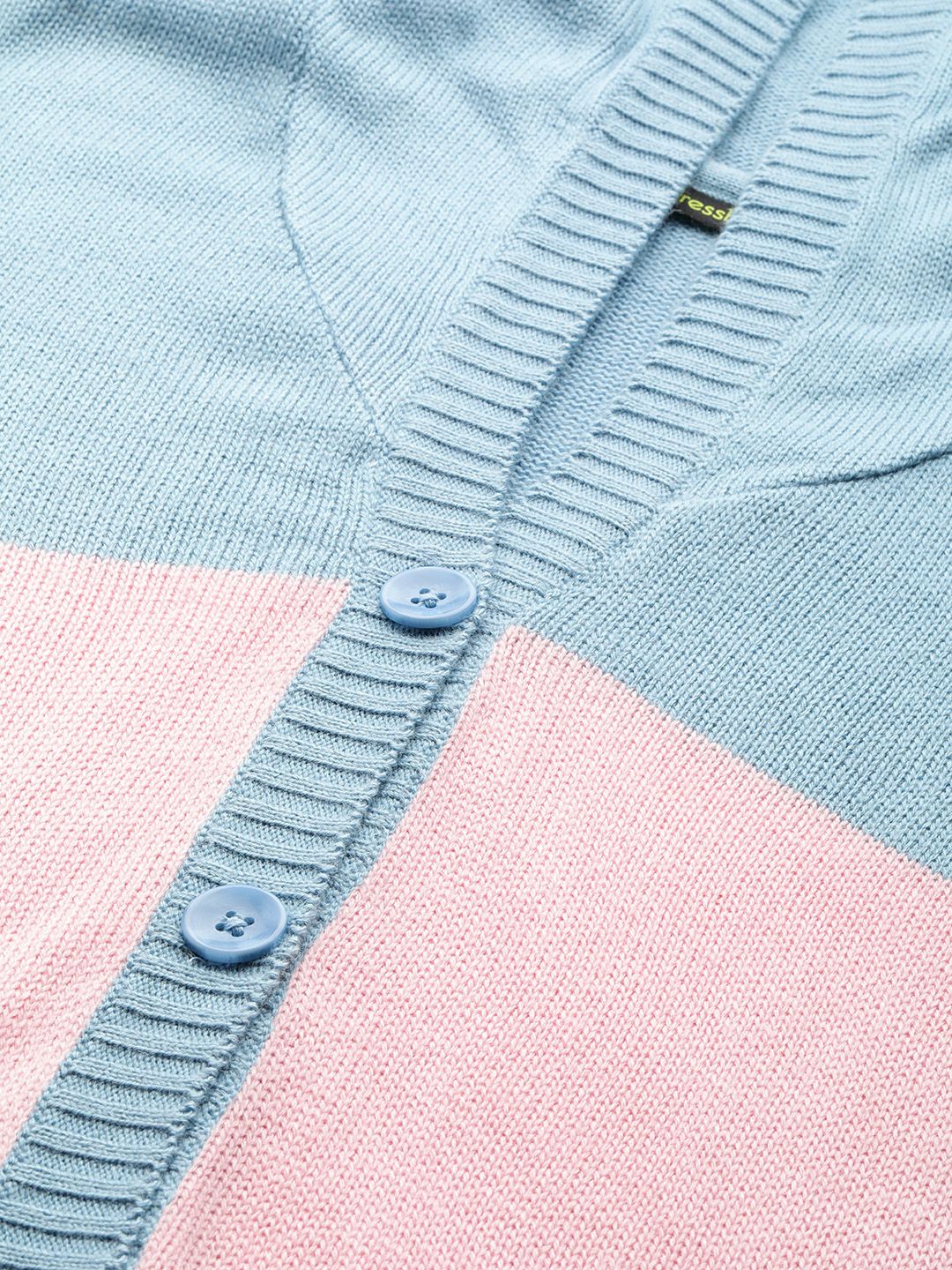 DressBerry Women Blue & Pink Pure Acrylic Colourblocked Hooded Cardigan