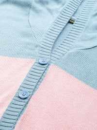 DressBerry Women Blue & Pink Pure Acrylic Colourblocked Hooded Cardigan