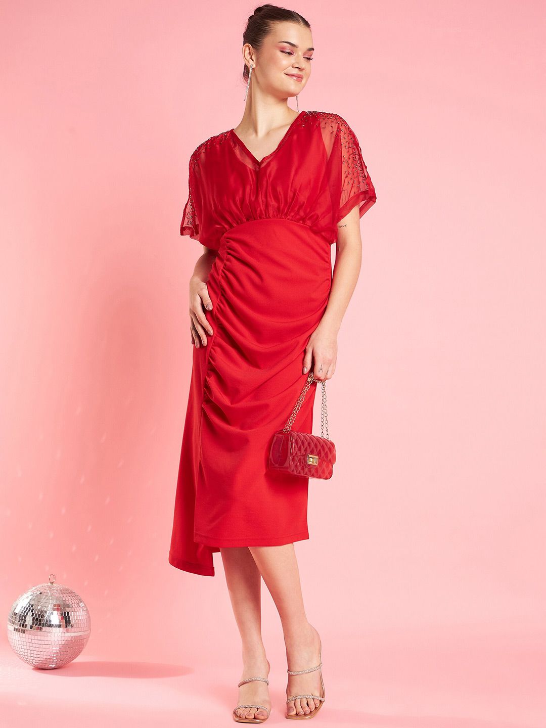 Antheaa Red Embellished Wrap Dress