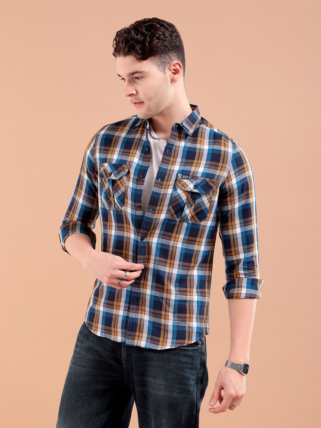 The Indian Garage Co Men Khaki & Navy Blue Slim Fit Checked Casual Shirt