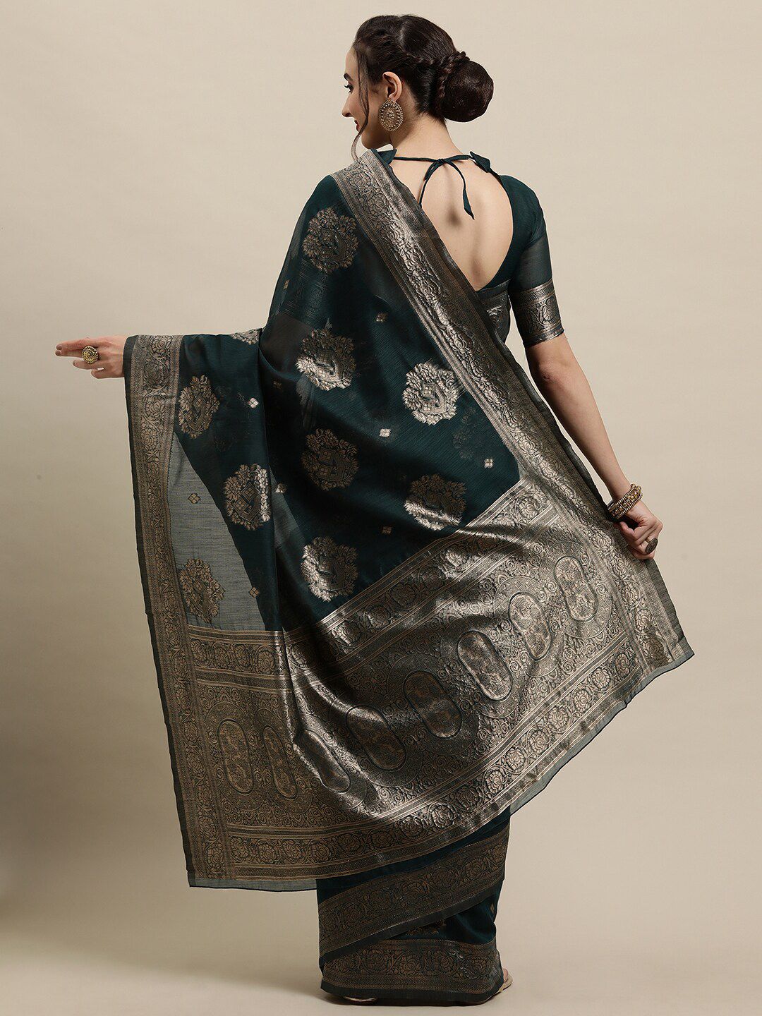Saree mall Teal & Gold-Toned Ethnic Motifs Zari Silk Blend Banarasi Sarees