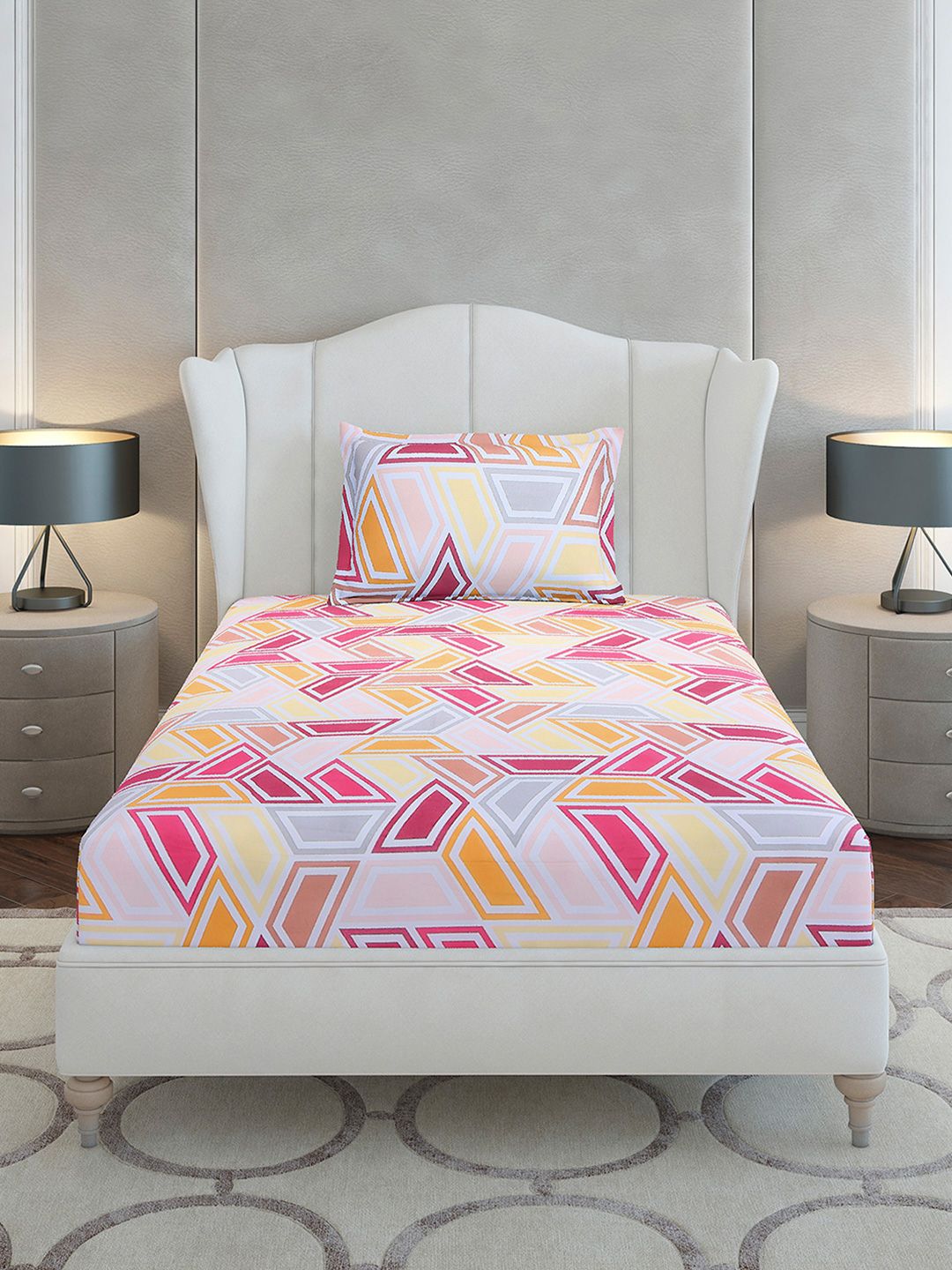Monte Carlo Magenta & White Geometric Cotton 104 TC Single Bedsheet Set-2.24 m x 1.52 m