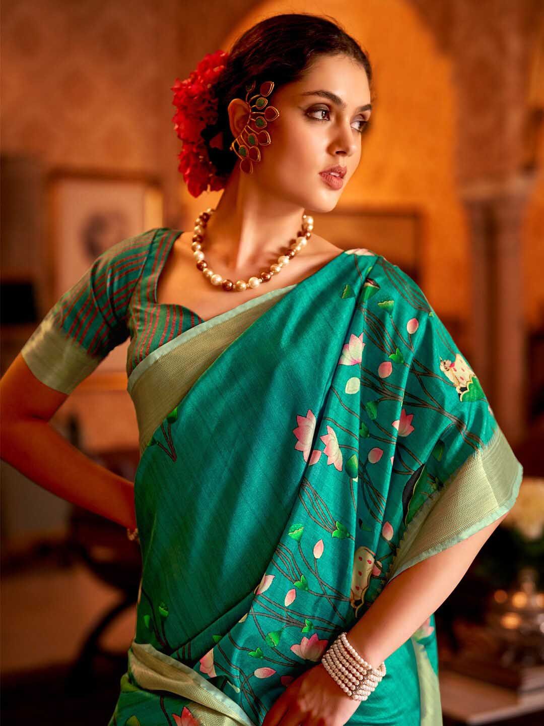 Saree Mall Pichwai Animal Print Zari Sungudi Sarees with Matching Blouse