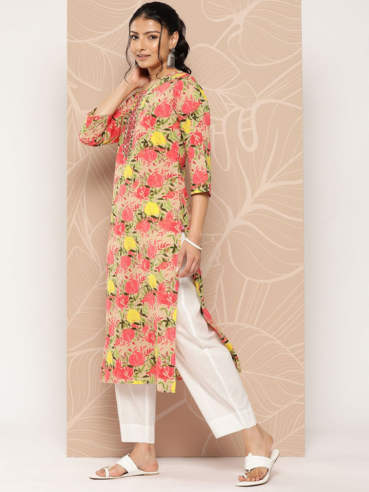 Varanga Women Beige & Pink Floral Printed Floral Kurta