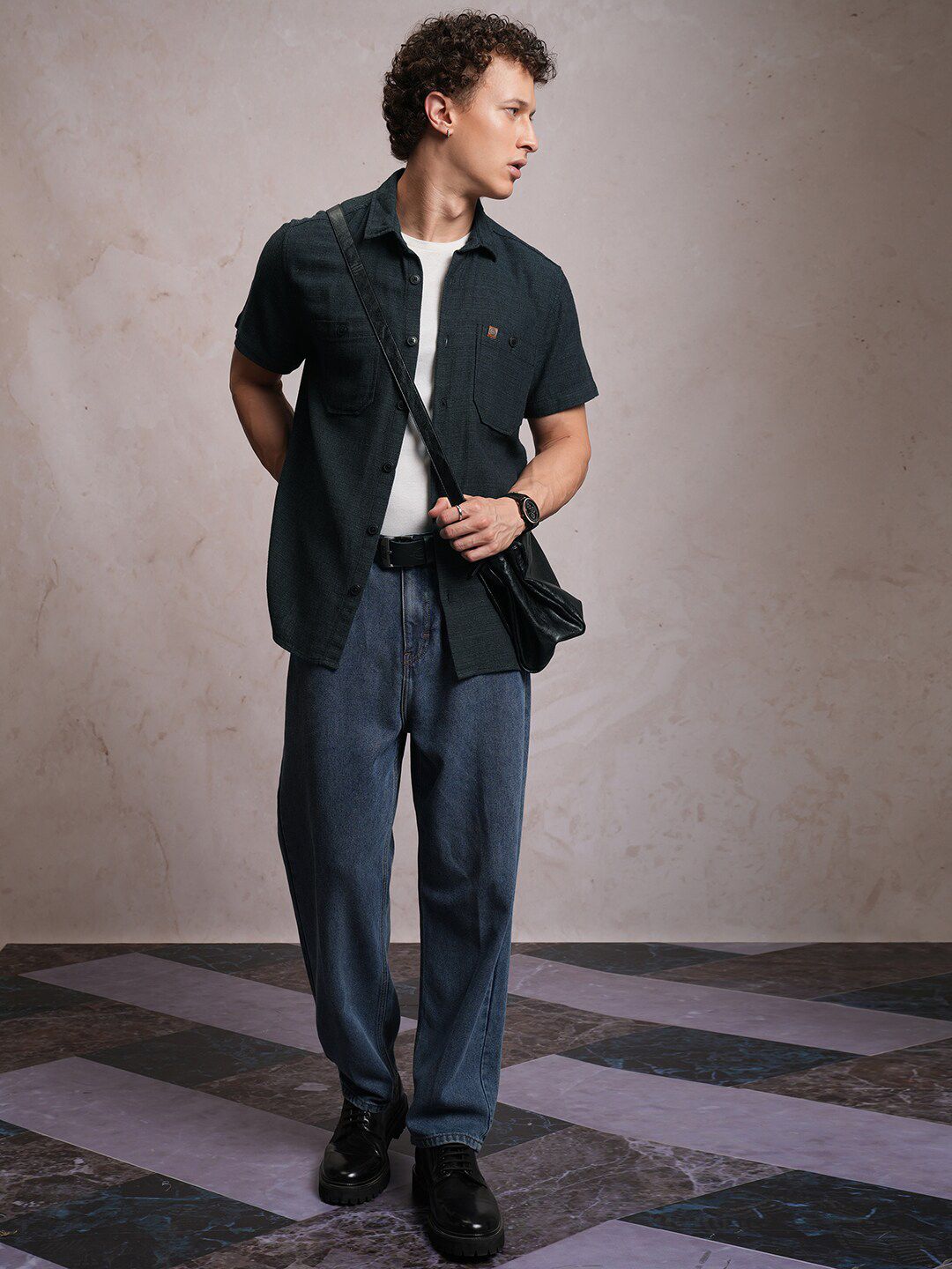 Locomotive Men Black Dobby Textured Checked Utility Pocket Regular Shirt