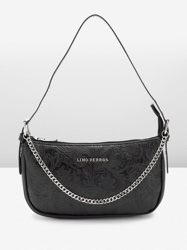 Lino Perros Floral Textured Structured Shoulder Bag with Chain Detail