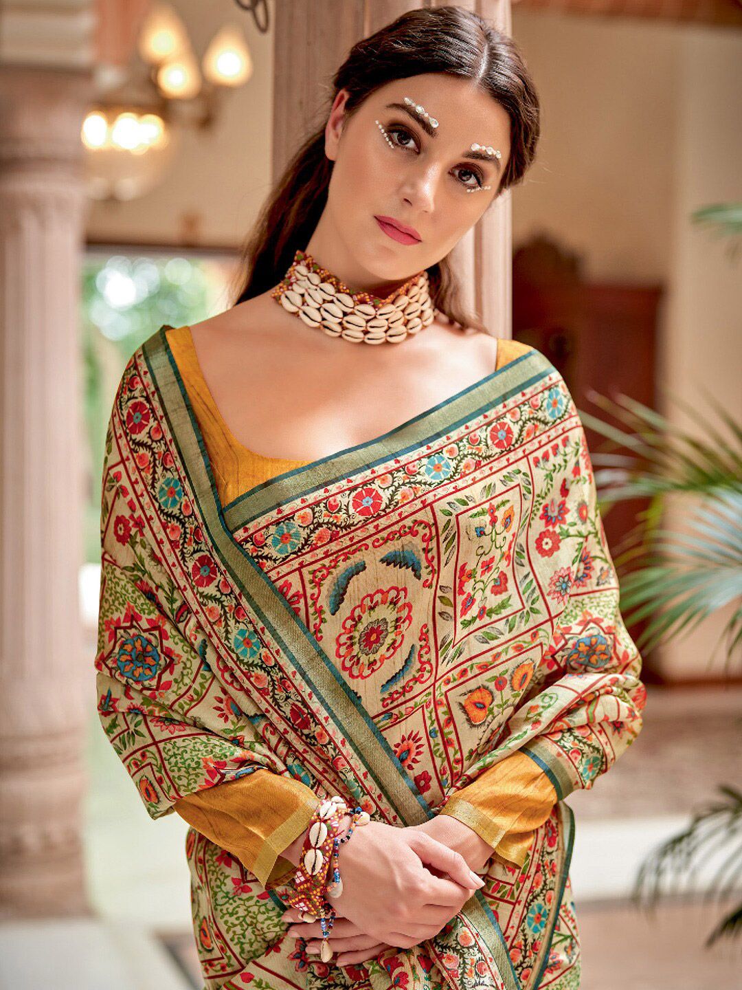 Saree mall Beige & Gold-Toned Ethnic Motifs Printed Zari Pure Silk Sarees