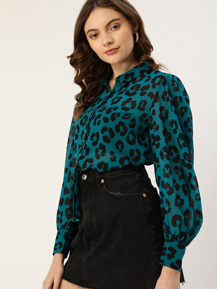 DressBerry Teal Blue & Black Animal Print Shirt Style Top