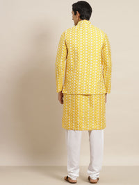 SOJANYA Lelaki Motif Etnik Kuning & Putih Sulam Kurta Churidar & Jaket