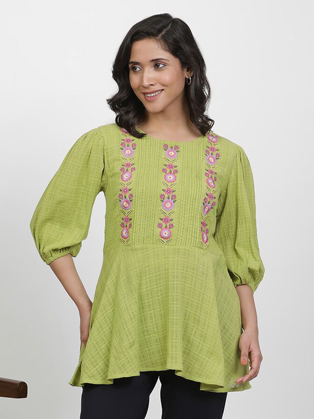 W Floral Embroidered Puffed Sleeves Pure Cotton Longline A-Line Top