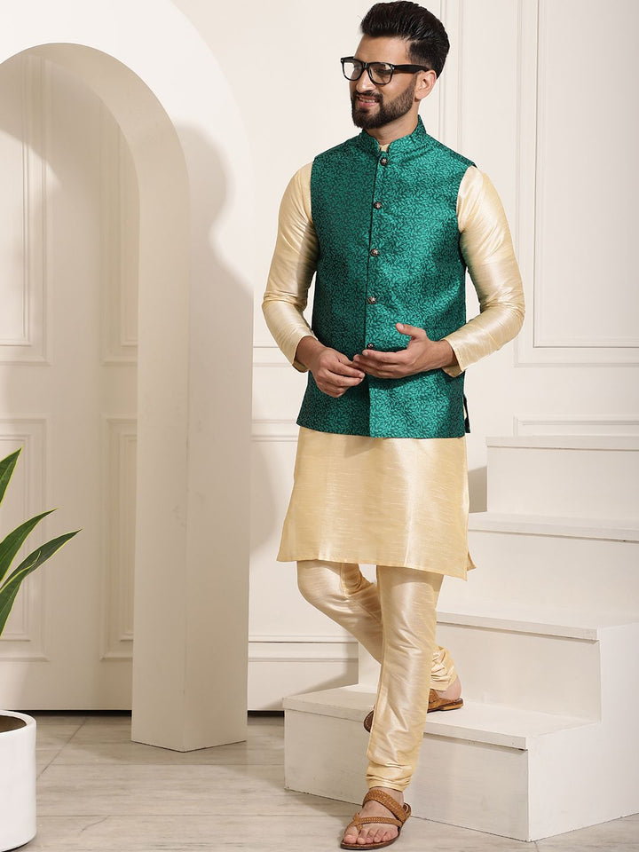 SOJANYA Men Golden & Green Kurta with Churidar And Nehru Jacket