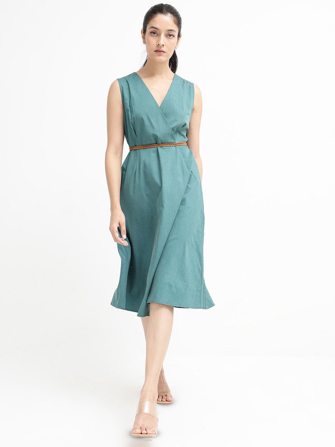 Rareism v-neck Cotton A-line midi Dress