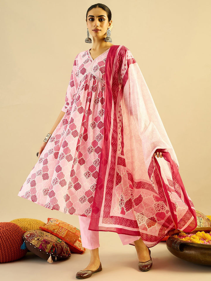 Indo Era Ethnic Motifs Printed Mirror Work Pure Cotton Kurta with Trouser And Dupatta