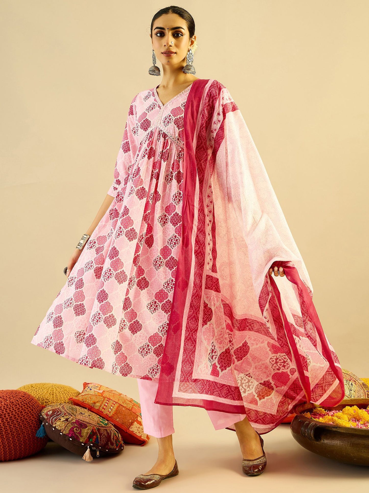 Indo Era Ethnic Motifs Printed Mirror Work Pure Cotton Kurta with Trouser And Dupatta