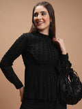 Tokyo Talkies Black Self Design High Neck Peplum Top