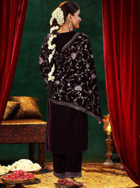 Libas Floral Yoke Design Sequinned Velvet Straight Kurta with Trousers & With Dupatta