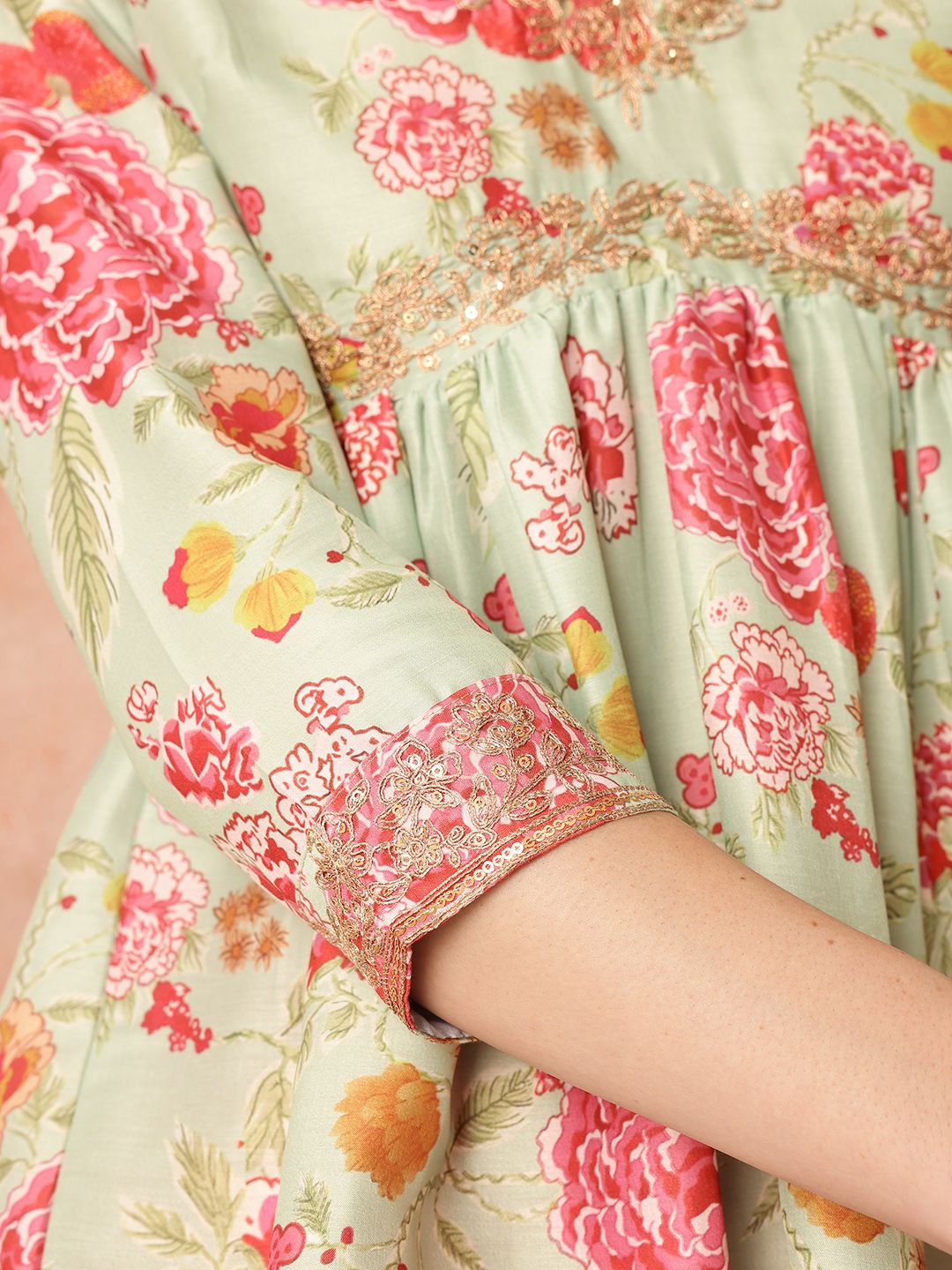 all about you Ethnic Motifs Printed Zari Work Pleated A-Line Kurti