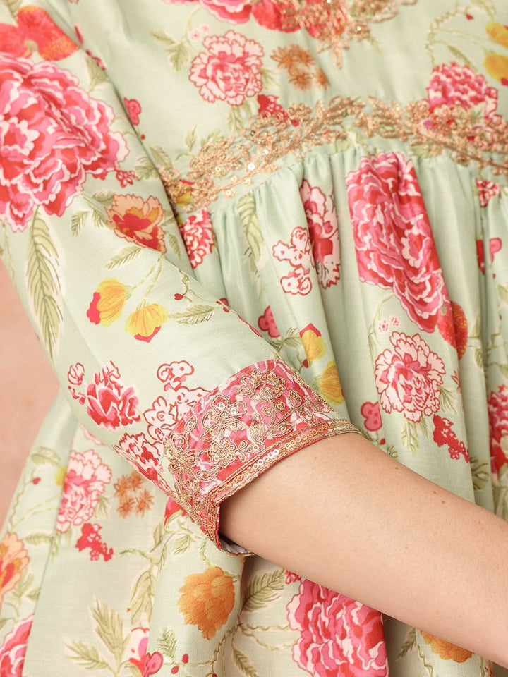 all about you Ethnic Motifs Printed Zari Work Pleated A-Line Kurti