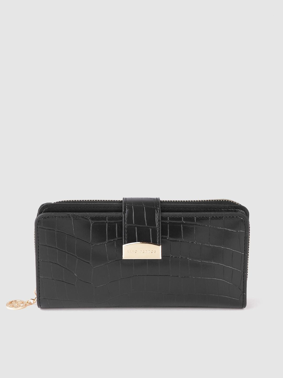 Lino Perros Women Black Croc Textured PU Zip Around Wallet