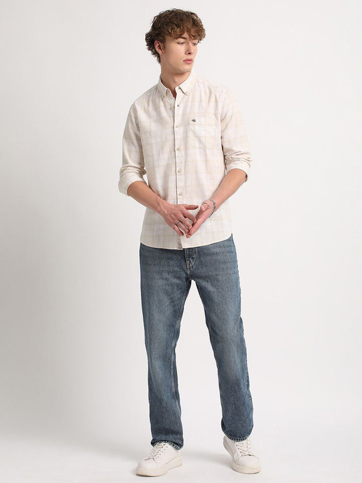 THE BEAR HOUSE Slim Fit Checked Cotton Linen Casual Shirt