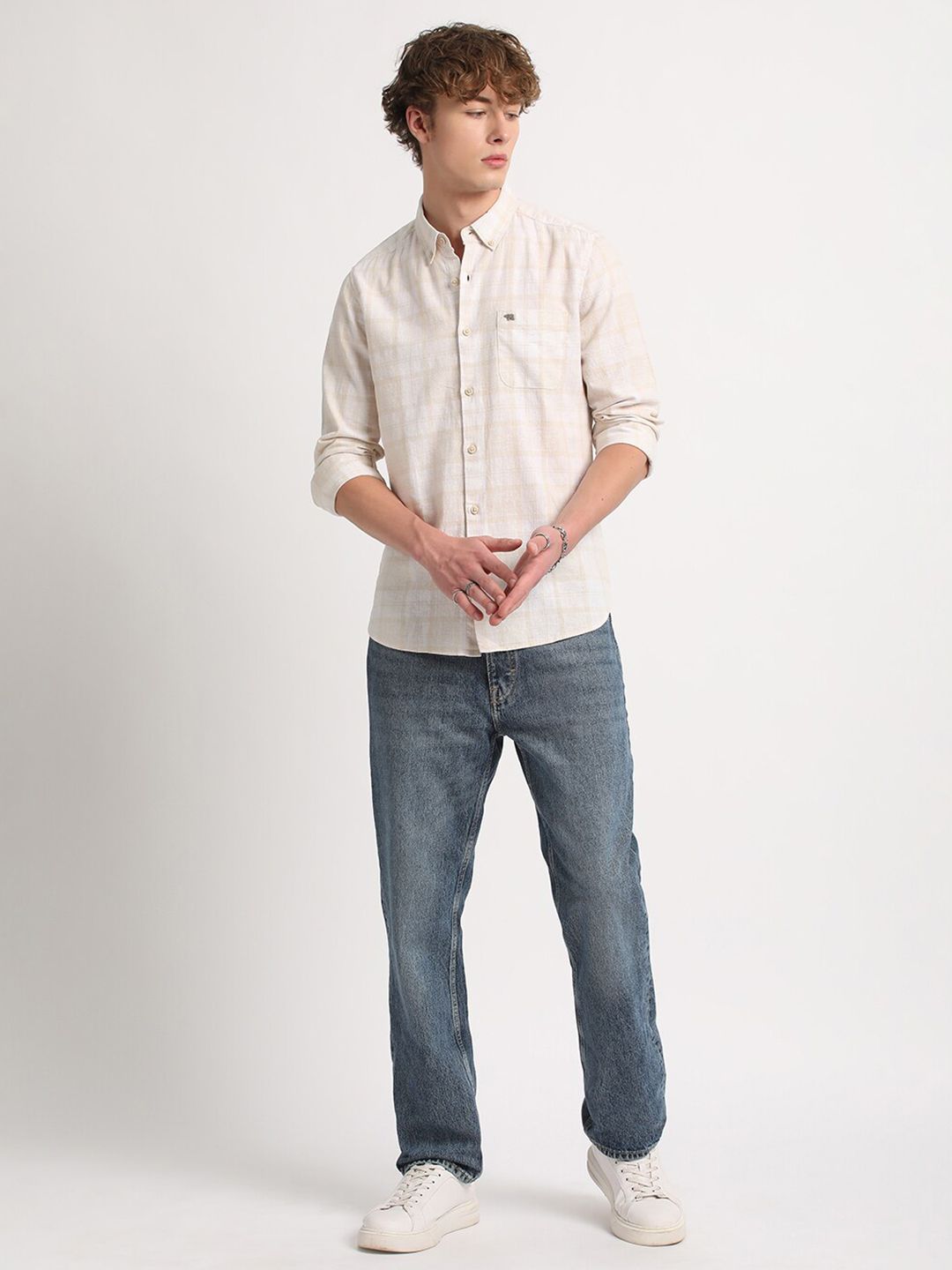 THE BEAR HOUSE Slim Fit Checked Cotton Linen Casual Shirt