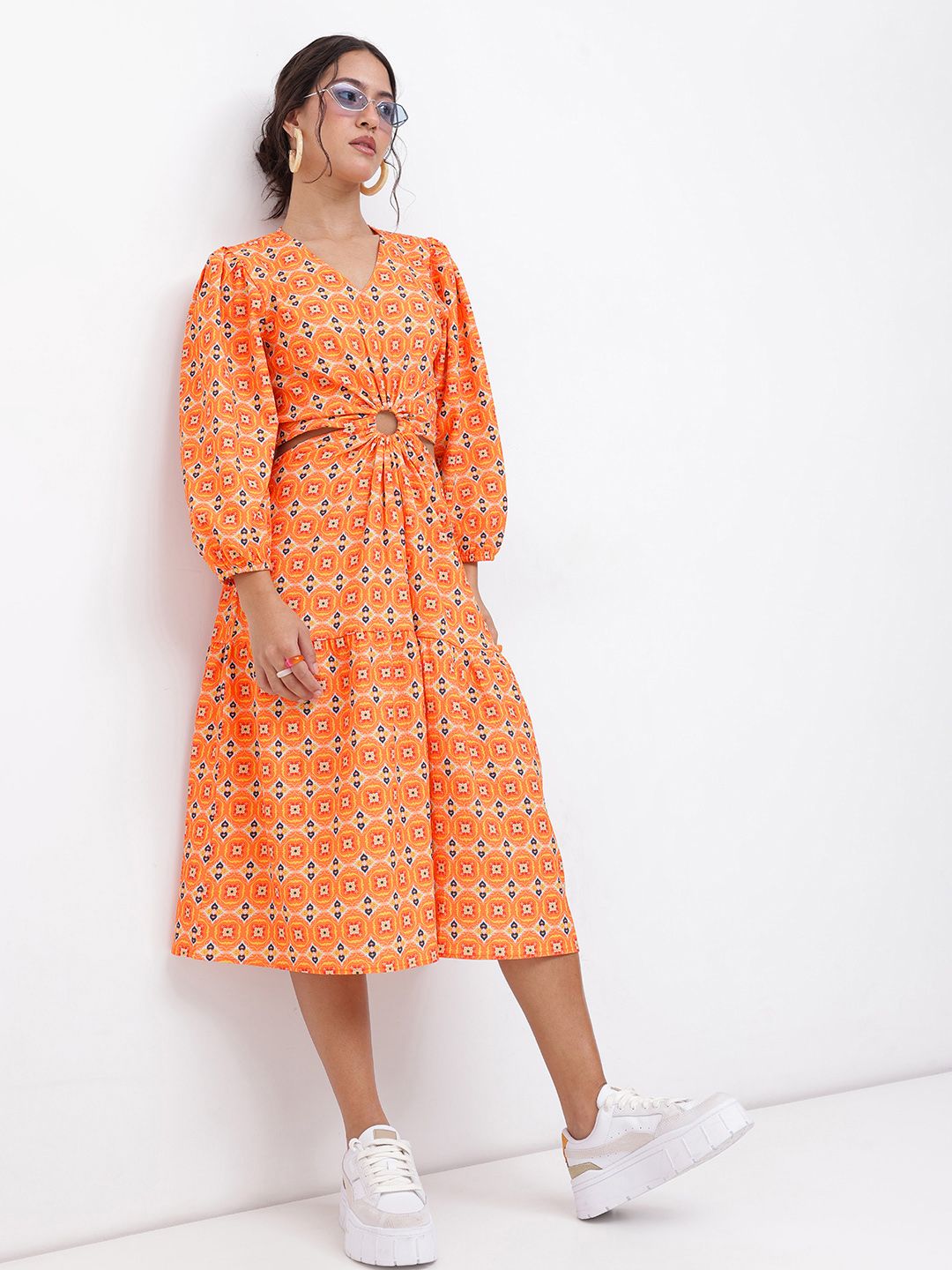 DressBerry Modern Fusion V-Neck Ethnic Print Cut-Out A-line Midi Dress