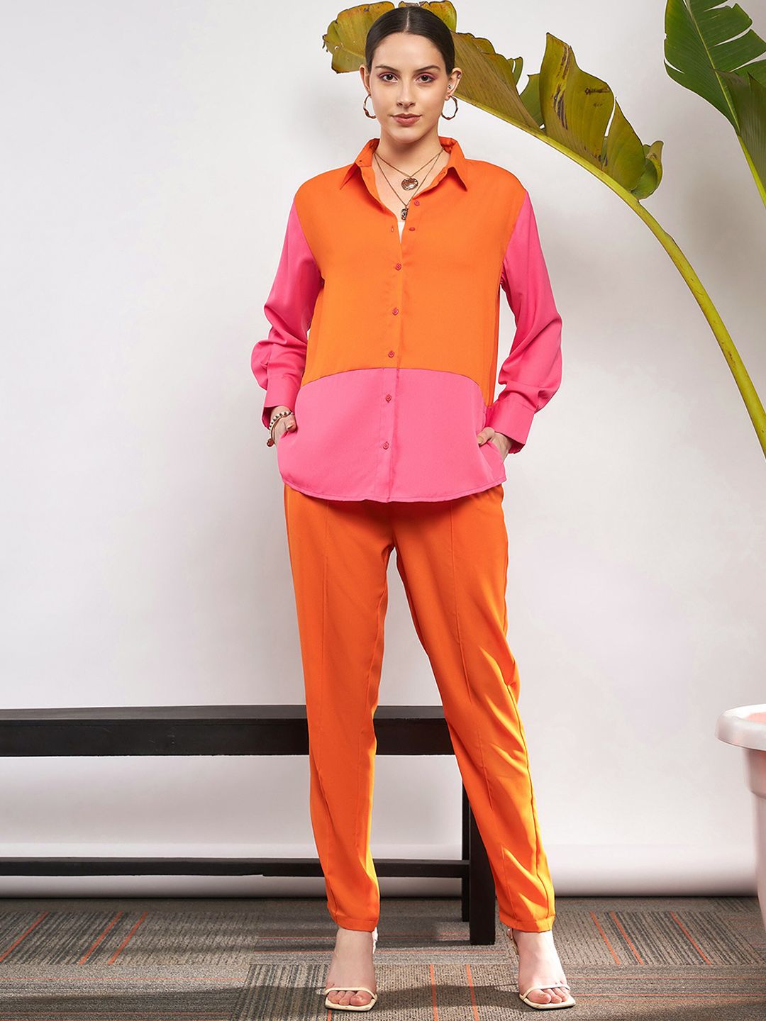 SASSAFRAS Orange Colorblocked Shirt & Trouser