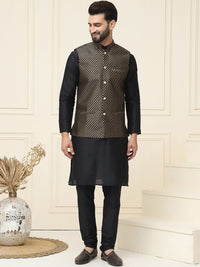 SOJANYA Men Black Solid Kurta with Churidar & Nehru Jacket