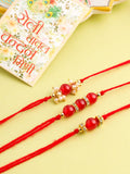 NVR Unisex Set of 3 Artificial Beads & Pearls Thread Rakhi with Roli Chawal Chandan Mishri