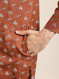 SOJANYA Men Rust Orange & White Leaf Printed Pure Cotton Kurta