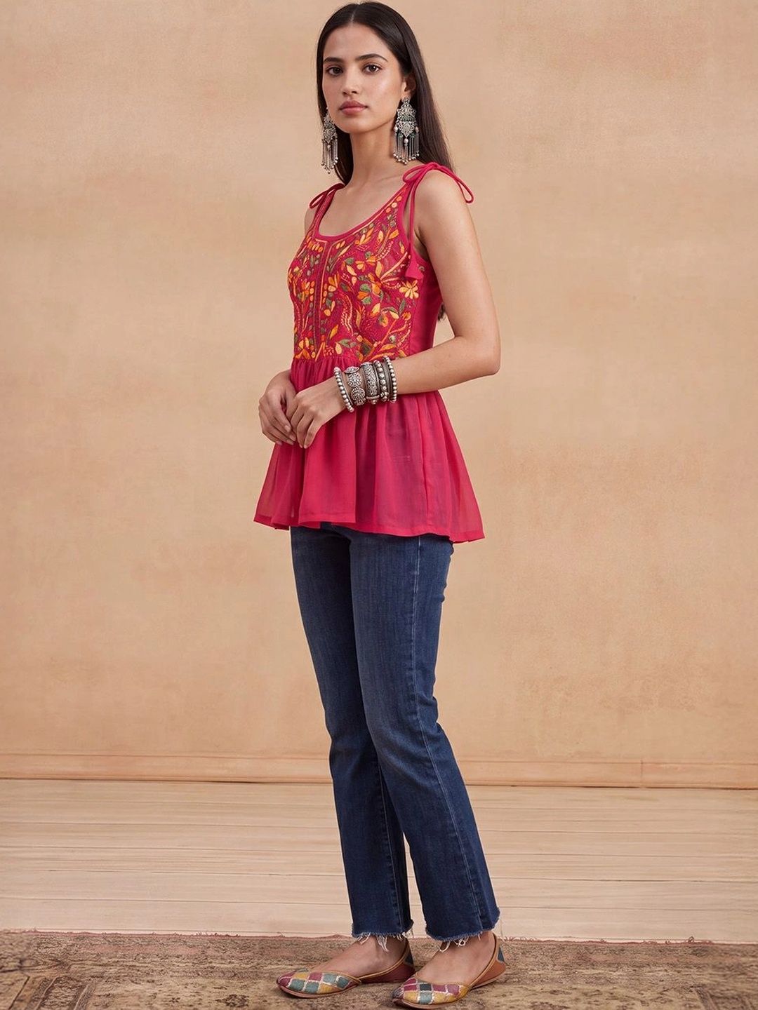 Rumah Wanita Chikankari Motif Etnik Sulaman Benang Kerja Bunga Indie Georgette Kurta