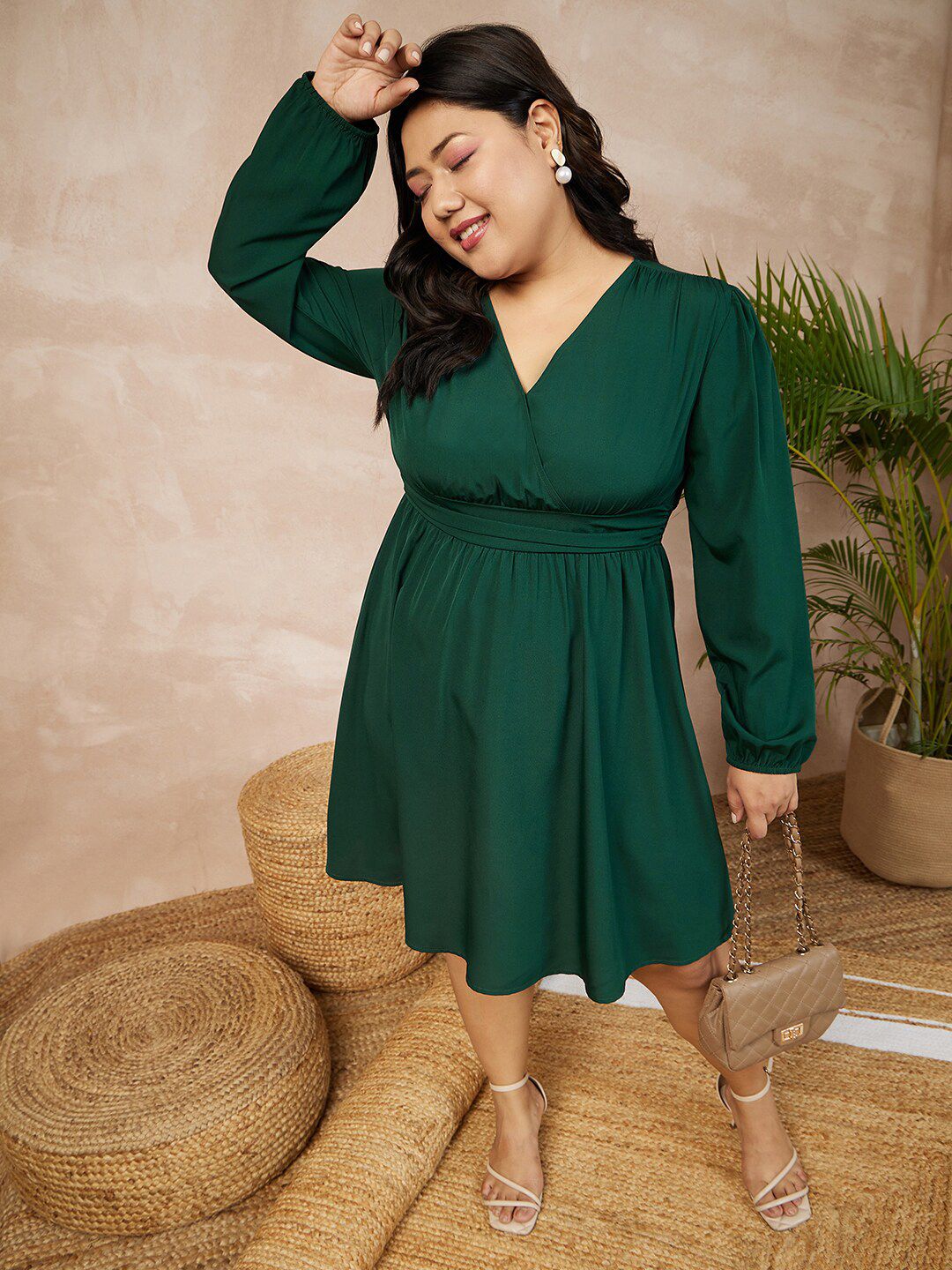 Berrylush Curve Plus Size Green Puff Sleeves Smocked Empire Dress