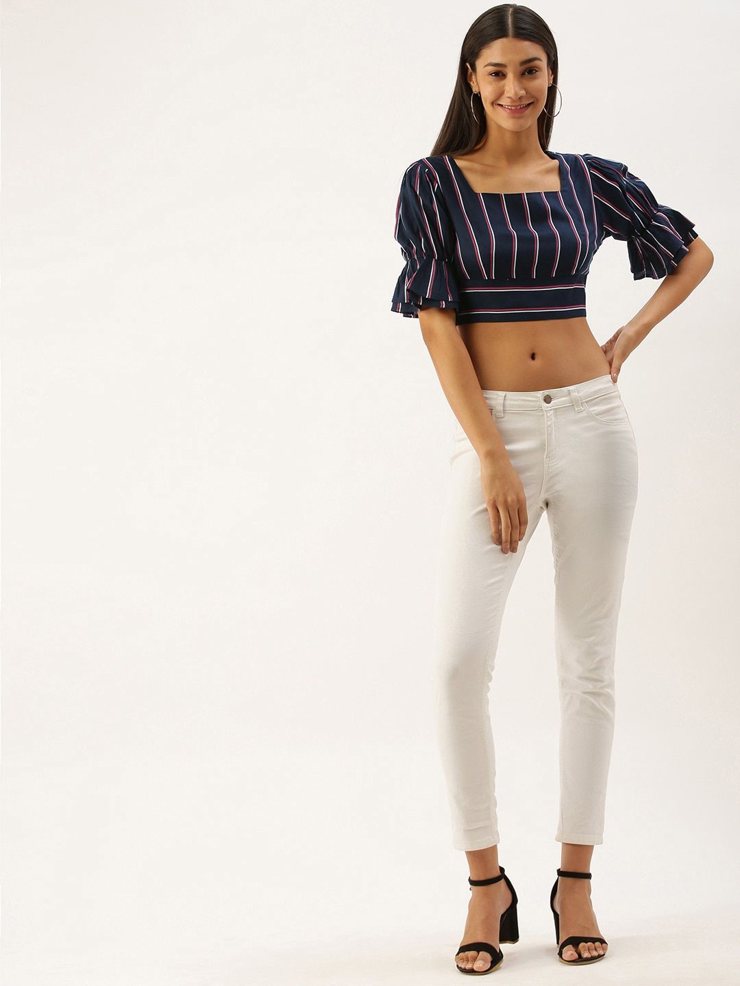 Berrylush Navy Blue & White Striped Bell Sleeves Cinched Waist Crop Top