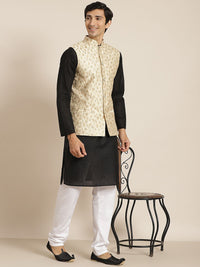 SOJANYA Lelaki Motif Etnik Hitam Chikankari Kurta Kapas Tulen dengan Jaket Churidar & Nehru