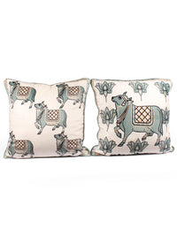 STITCHNEST Green & White 5 Pieces Ethnic Motifs Printed Velvet Square Cushion Covers