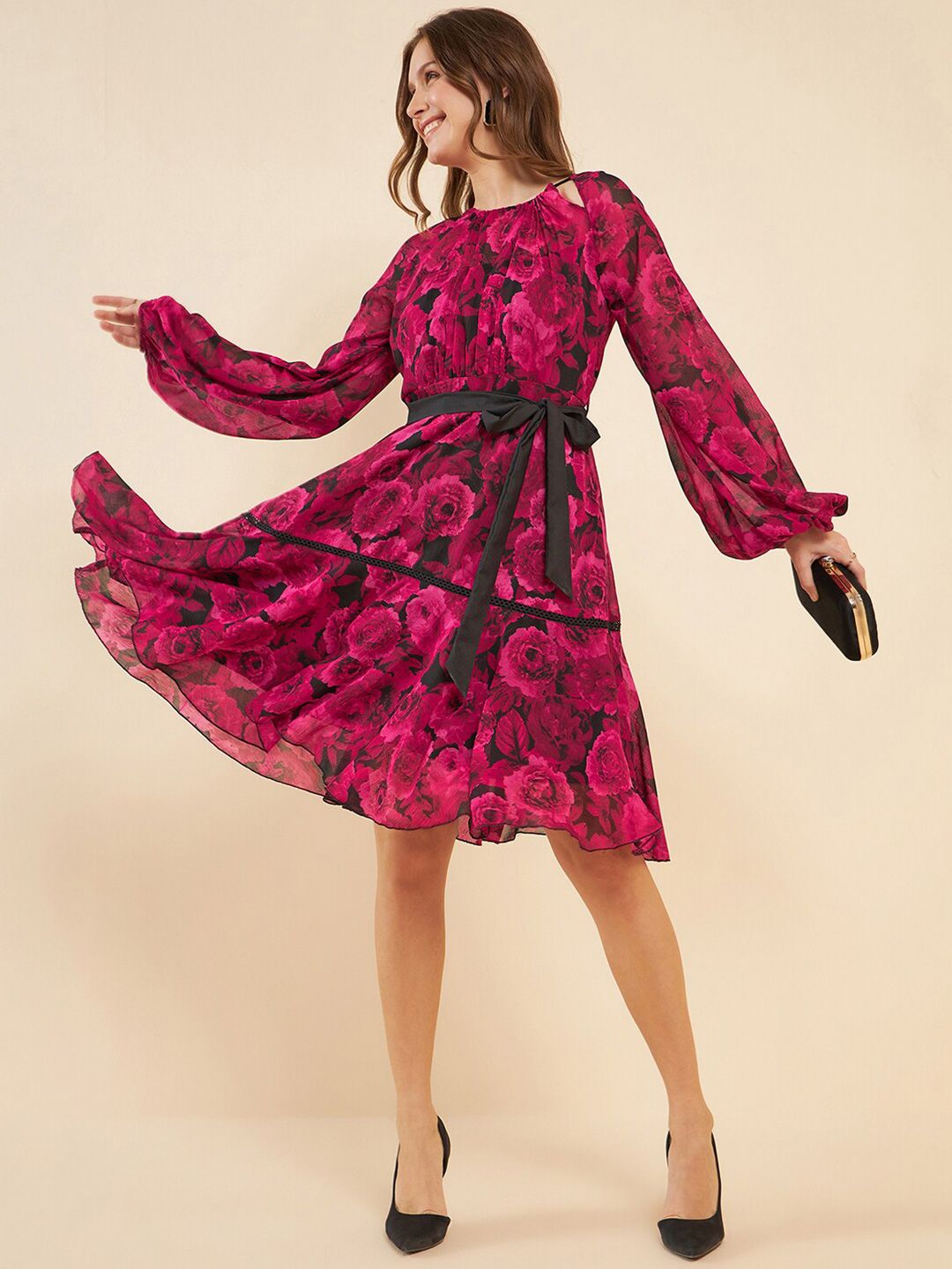 Antheaa Pink Floral Printed Puff Sleeves Gathered Detailed Chiffon Fit & Flare Dress
